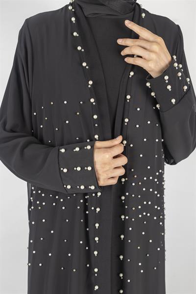Büyük Beden İncili Abaya Takım Siyah OTW25354