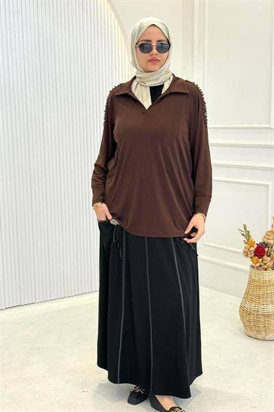 Büyük Beden İncili Çelik Örme Bluz Kahve OTW3411