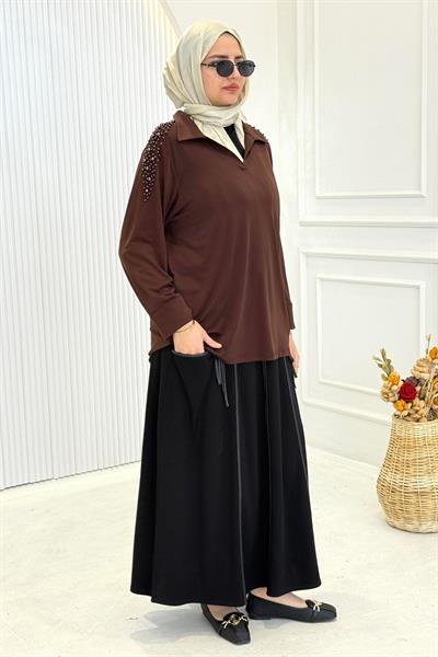 Büyük Beden İncili Çelik Örme Bluz Kahve OTW3411