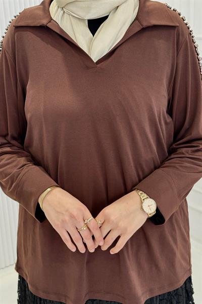 Büyük Beden İncili Çelik Örme Bluz Kahve OTW3411