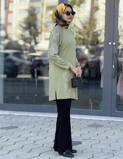 Büyük Beden İncili Nakışlı Tesettür Tunik Mint OTW2152