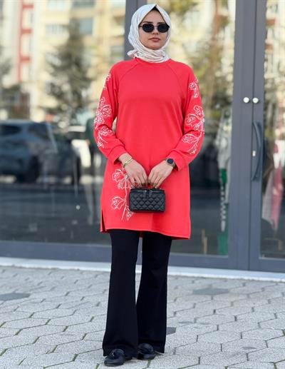 Büyük Beden İncili Nakışlı Tesettür Tunik Nar Çiçeği OTW2152