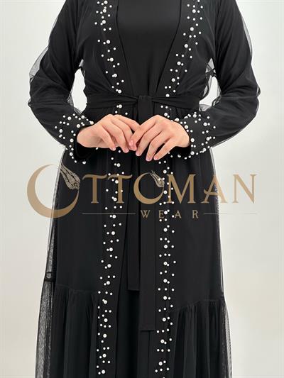 Büyük Beden İncili Tül Abaya ve  Elbise Siyah OTW788