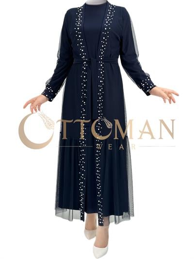 Büyük Beden İncili Tül Abaya ve  Elbise Lacivert OTW788