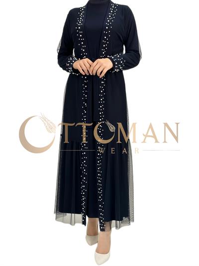 Büyük Beden İncili Tül Abaya ve  Elbise Lacivert OTW788