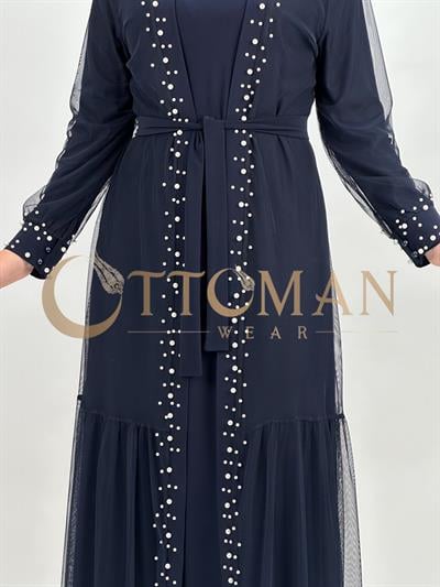 Büyük Beden İncili Tül Abaya ve  Elbise Lacivert OTW788