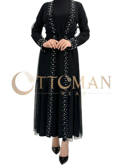 Büyük Beden İncili Tül Abaya ve  Elbise Siyah OTW788