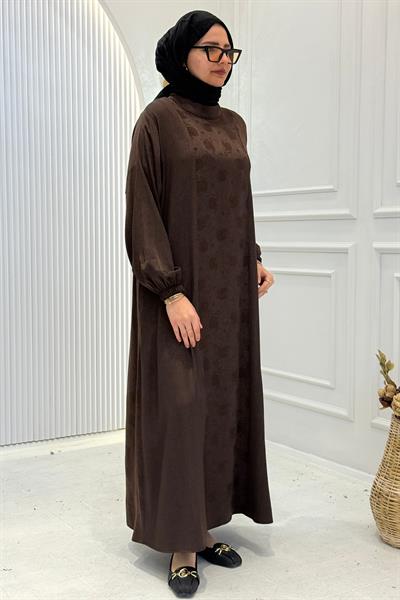 Büyük Beden İpek Qupra Jakarlı Elbise Kahve OTW7845