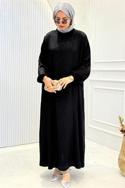 Büyük Beden İpek Qupra Jakarlı Elbise Siyah OTW7845