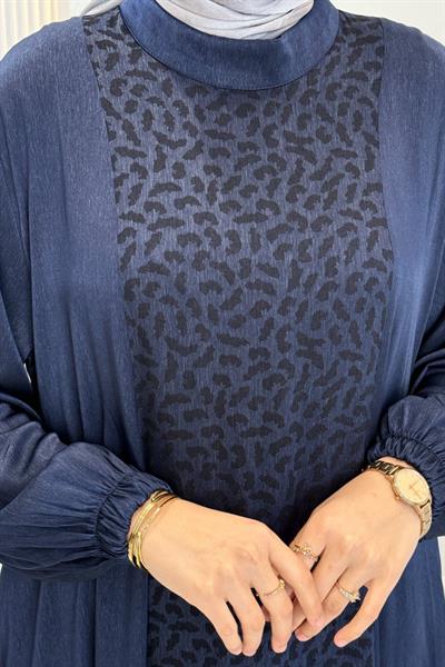 Büyük Beden İpek Qupra Jakarlı Elbise Lacivert OTW7845