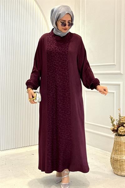 Büyük Beden İpek Qupra Jakarlı Elbise Mürdüm OTW7845