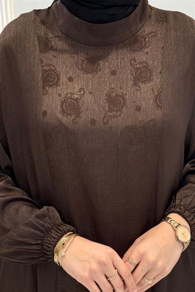 Büyük Beden İpek Qupra Jakarlı Elbise Kahve OTW7845