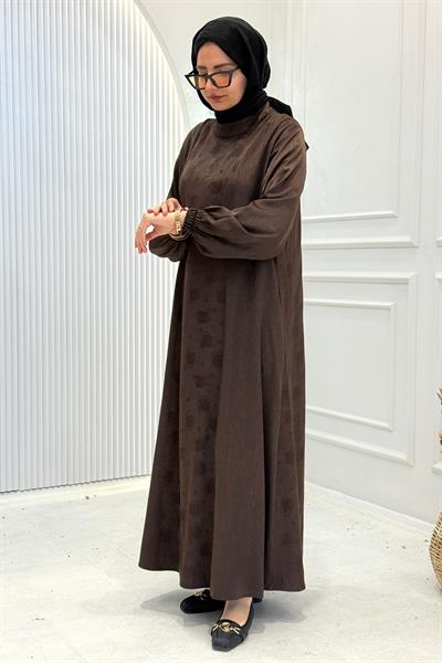 Büyük Beden İpek Qupra Jakarlı Elbise Kahve OTW7845
