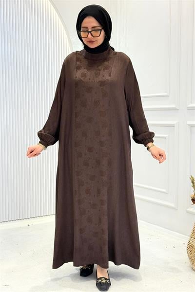 Büyük Beden İpek Qupra Jakarlı Elbise Kahve OTW7845