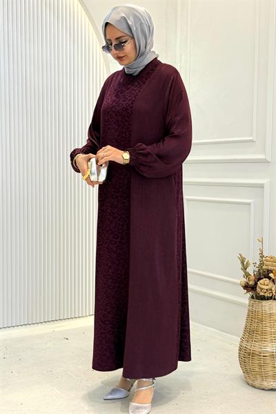 Büyük Beden İpek Qupra Jakarlı Elbise Mürdüm OTW7845