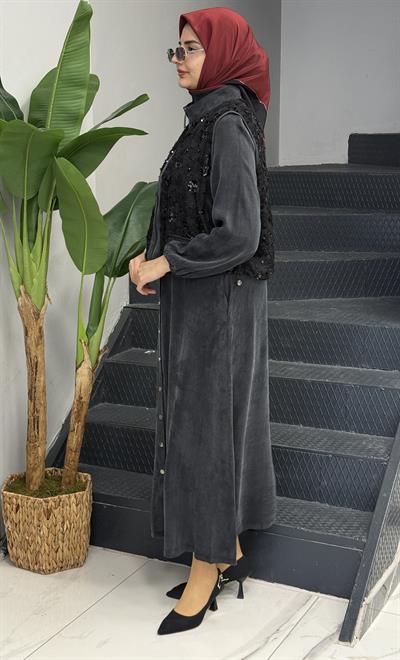 Büyük Beden İpek Qupra Payet Detaylı Yelek Elbise Takım Siyah OTW6016