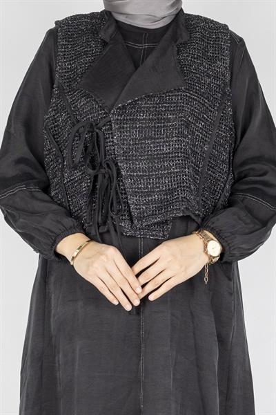 Büyük Beden İpek Qupra Yelek Detaylı Elbise Siyah OTW6059