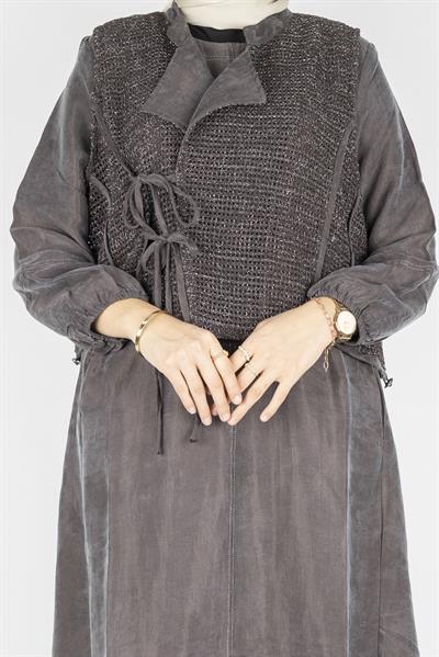 Büyük Beden İpek Qupra Yelek Detaylı Elbise Kahve OTW6059