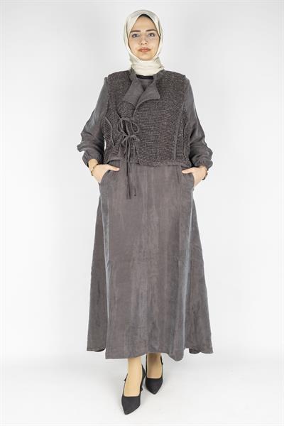 Büyük Beden İpek Qupra Yelek Detaylı Elbise Kahve OTW6059