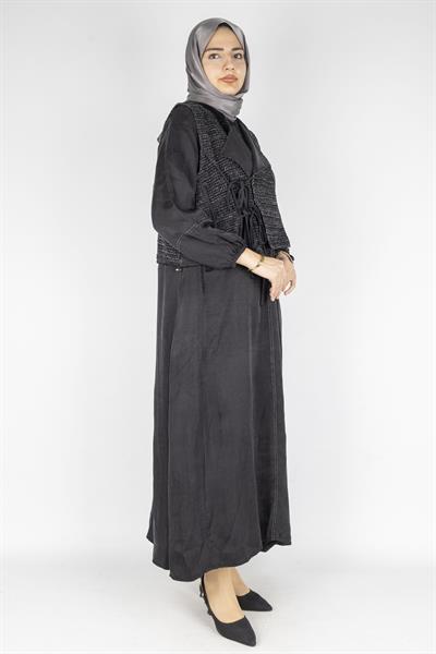 Büyük Beden İpek Qupra Yelek Detaylı Elbise Siyah OTW6059