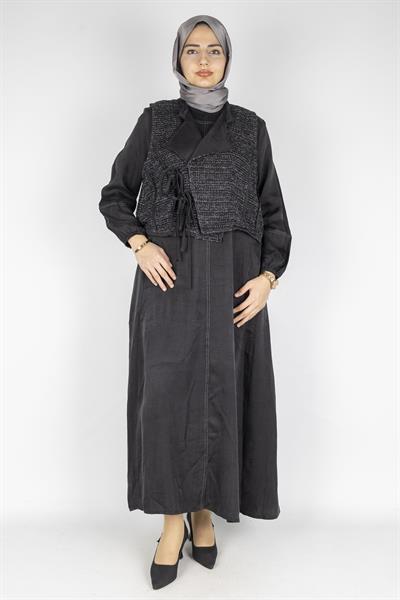 Büyük Beden İpek Qupra Yelek Detaylı Elbise Siyah OTW6059