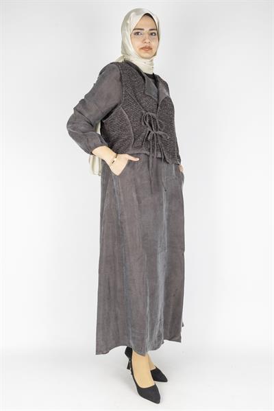 Büyük Beden İpek Qupra Yelek Detaylı Elbise Kahve OTW6059