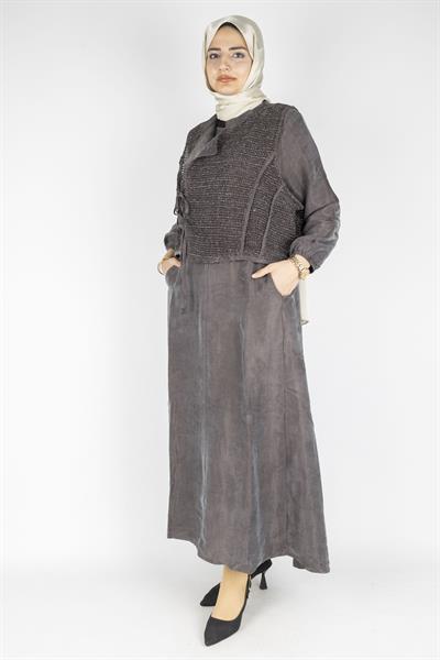 Büyük Beden İpek Qupra Yelek Detaylı Elbise Kahve OTW6059