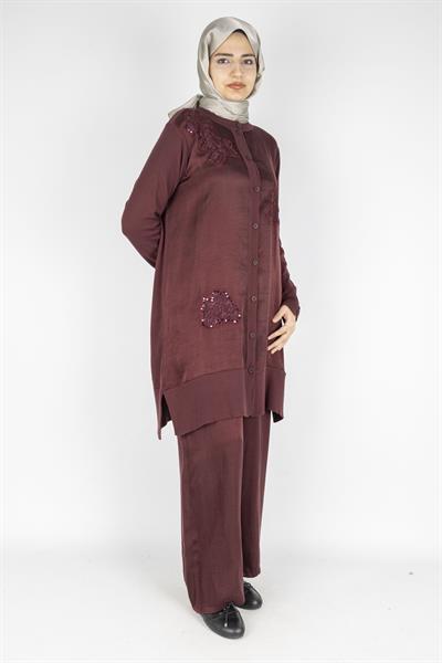 Büyük Beden İpek Viskon Nakışlı Takım Bordo OTW6129