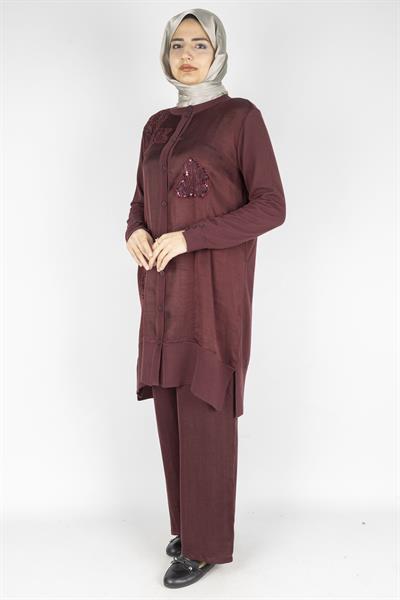 Büyük Beden İpek Viskon Nakışlı Takım Bordo OTW6129