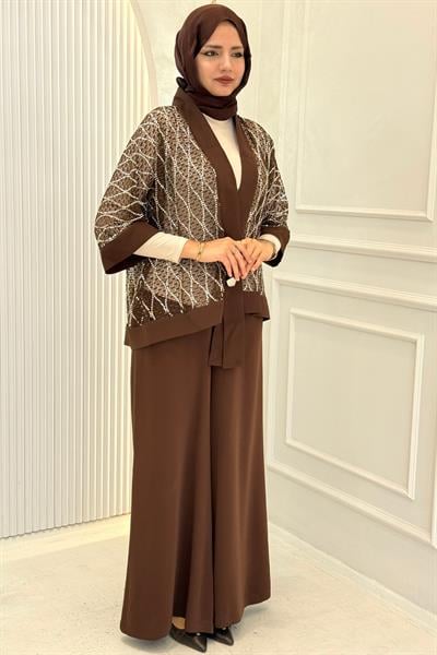 Büyük Beden Işıltılı Pantolonlu Takım Kahve OTW46842