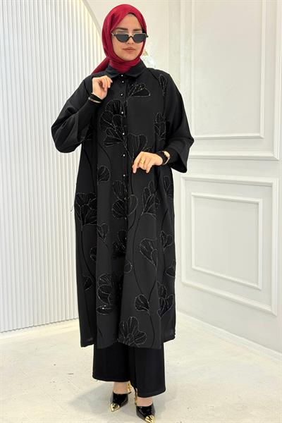 Büyük Beden İşlemeli Tesettür Gömlek Siyah OTW1665