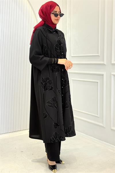 Büyük Beden İşlemeli Tesettür Gömlek Siyah OTW1665