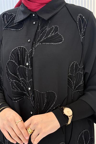 Büyük Beden İşlemeli Tesettür Gömlek Siyah OTW1665