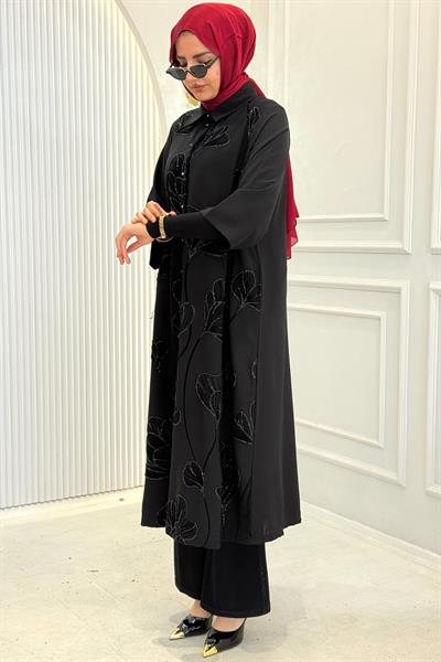Büyük Beden İşlemeli Tesettür Gömlek Siyah OTW1665
