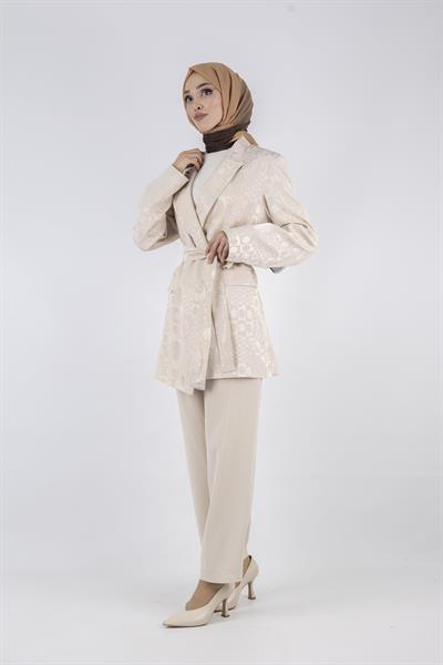 Büyük Beden Jakar Ceketli Takım Bej OTW15189