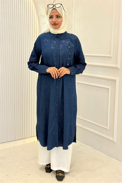Büyük Beden Jakar Gömlek Tunik Koyu Mavi OTW4990