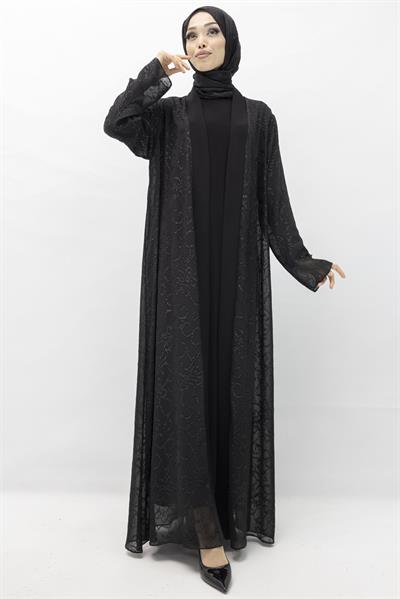 Büyük Beden Jakar Kumaş Abaya Takım Siyah OTW551
