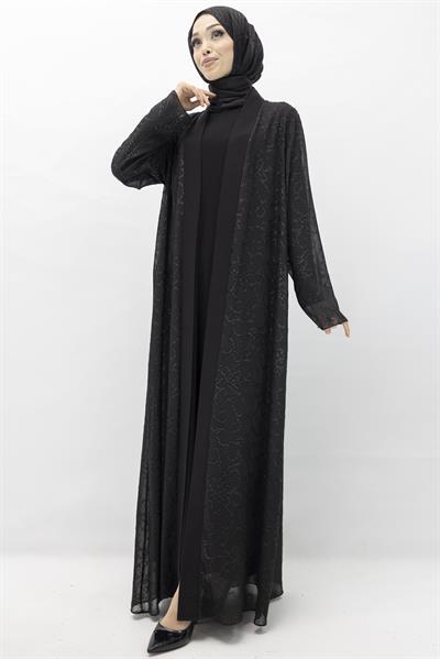 Büyük Beden Jakar Kumaş Abaya Takım Siyah OTW551