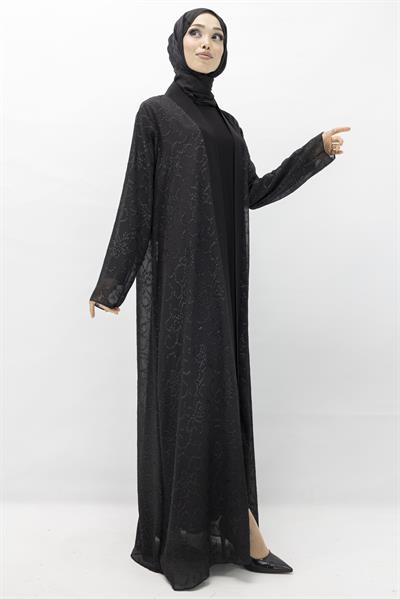 Büyük Beden Jakar Kumaş Abaya Takım Siyah OTW551