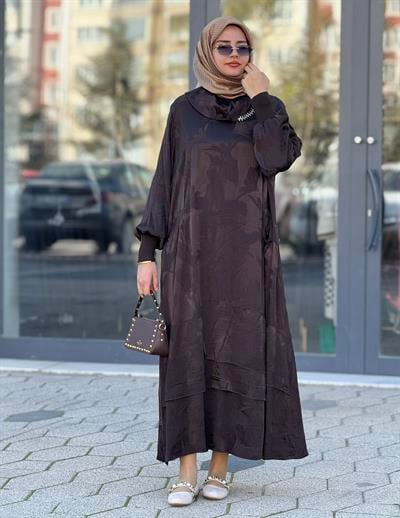 Büyük Beden Jakar Kumaş Elbise Kahve OTW3870