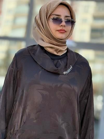 Büyük Beden Jakar Kumaş Elbise Kahve OTW3870