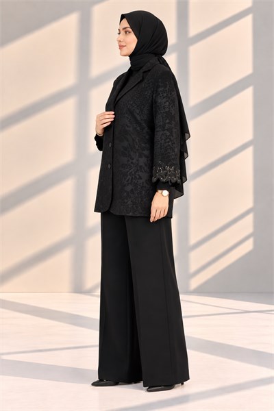 Büyük Beden Jakar Kumaş İşlemeli Blazer Ceket Siyah OTW26260