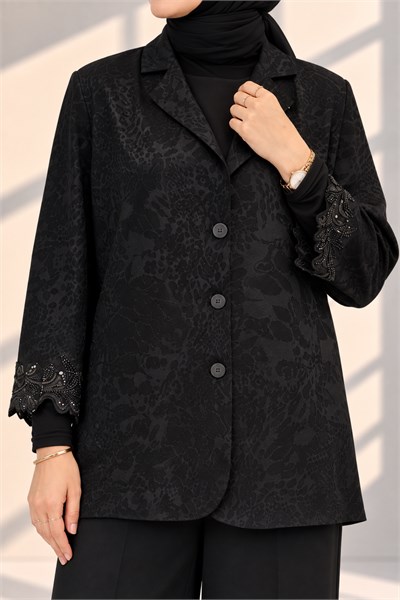 Büyük Beden Jakar Kumaş İşlemeli Blazer Ceket Siyah OTW26260