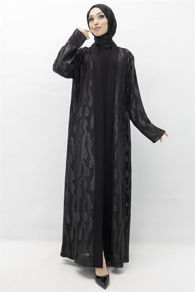 Büyük Beden Jakarlı Abaya Takım Siyah OTW552