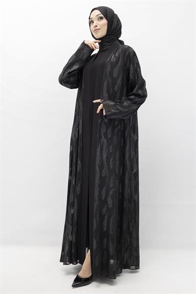 Büyük Beden Jakarlı Abaya Takım Siyah OTW552