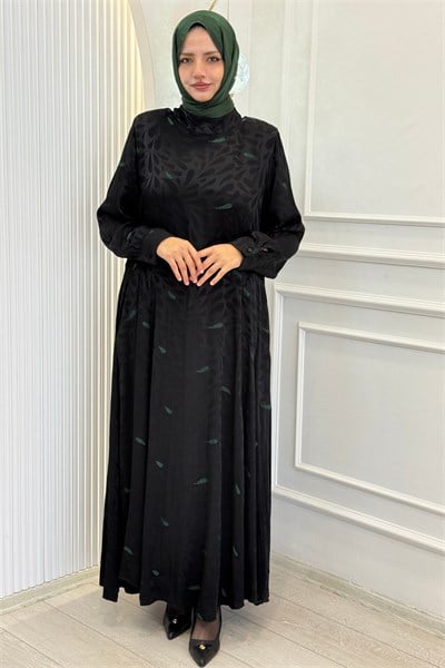 Büyük Beden Jakarlı Damla Desenli Elbise Siyah OTW9989