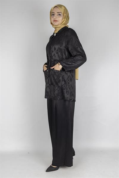 Büyük Beden Jakarlı Pantolonlu Takım Siyah OTW566