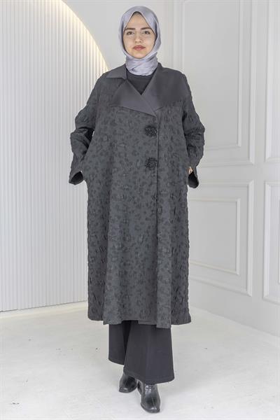 Büyük Beden Jakarlı Yaka Detaylı Kap Siyah OTW6047