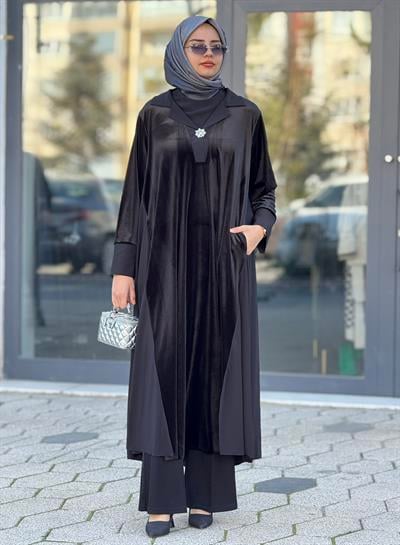 Büyük Beden Kadife Elbise Siyah OTW216227