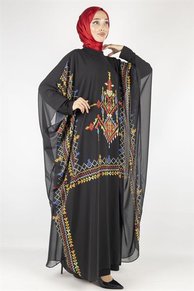 Büyük Beden Kanaviçe Desen Baskılı Şifon Elbise Siyah OTW314